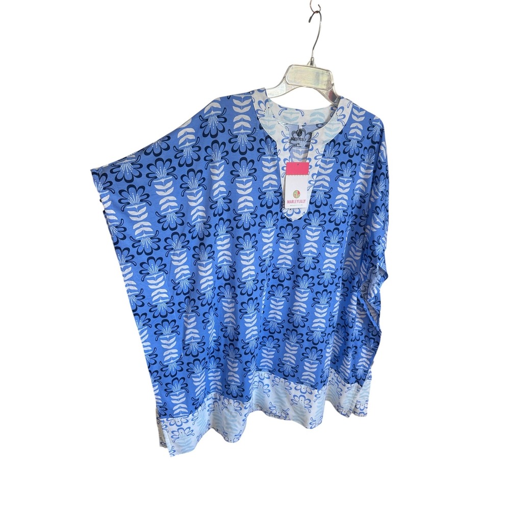 Marleylilly Kaftan Cover Up Womens L/XL Blue Floral Damask Split Neck Resortwear